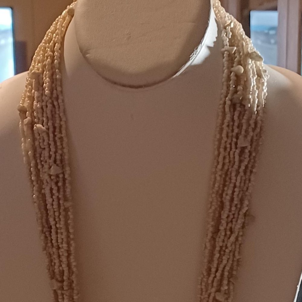15 Strand Ivory Beaded Statement Necklace with Center Stone Pendant / E-2